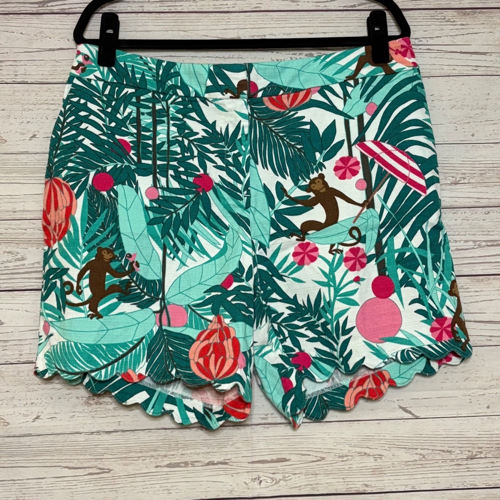 Talbots Monkey Tropical Jungle Print Scalloped Hem Shorts Green Pink 14W